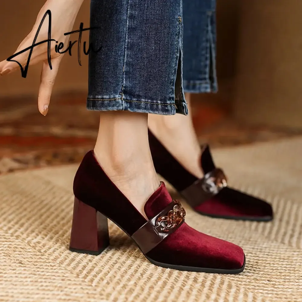 Aiertu Spring Autumn New Retro Suede High Heels Shoes for Women Square Toe Square Heel Shoes for Women 7cm High Heels Womens Shoes