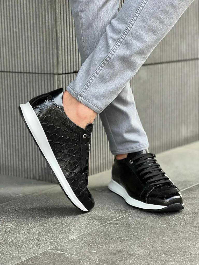Black Crocodile Pattern Mid-Top Sneakers for Men | GentWith.com